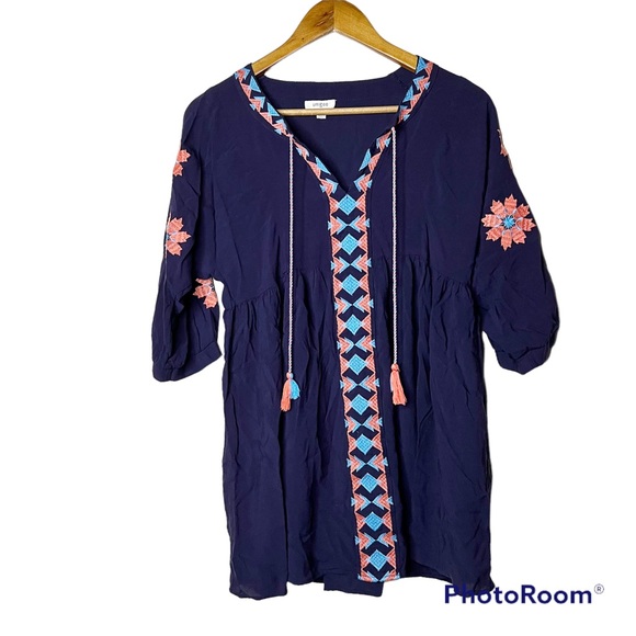 Umgee Embroidered Deep Blue Tunic Shift Dress S Floral 3/4 Sleeve Tassels - Picture 1 of 12